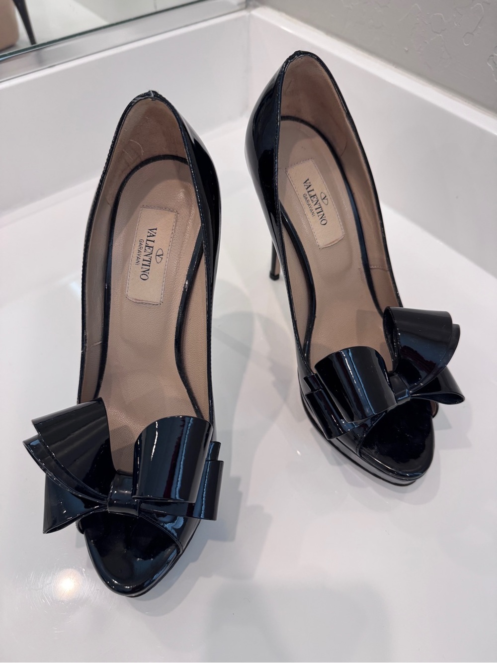 Valentino Black Patent Leather Peep-Toe Pumps with Bow Accent